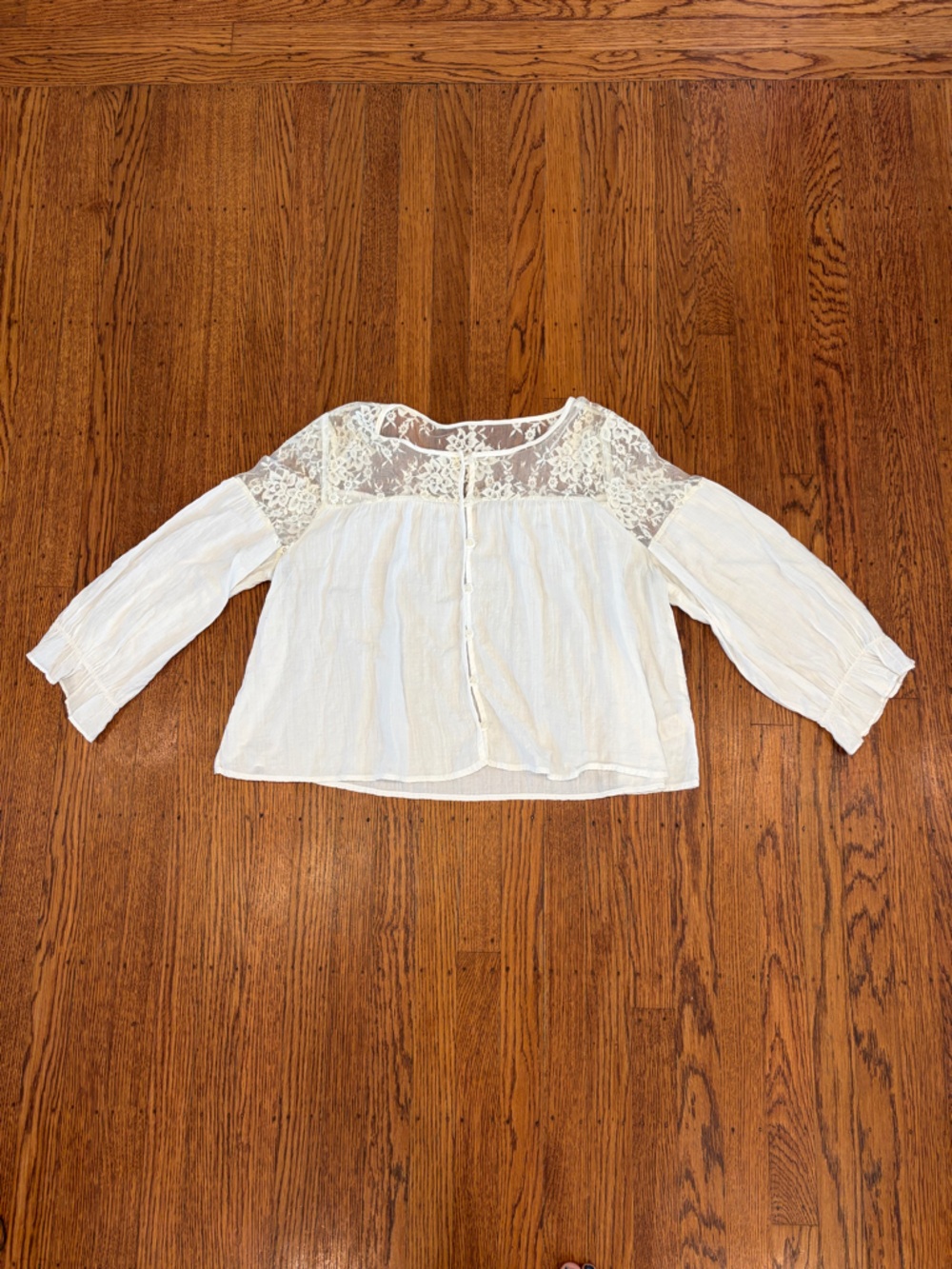 Free People White Lace Semi-Sheer Button-Front Blouse - medium